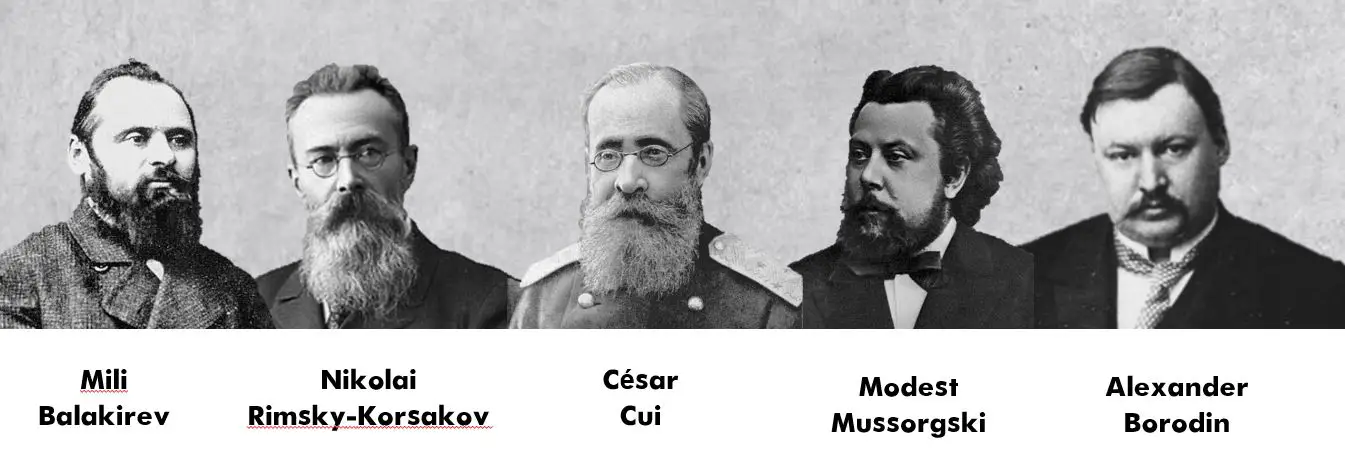 Mighty five Mächtiges Häuflein Balakirev Rimsky-Korsakov Cesar Cui Modest Mussorgski Alexander Borodin